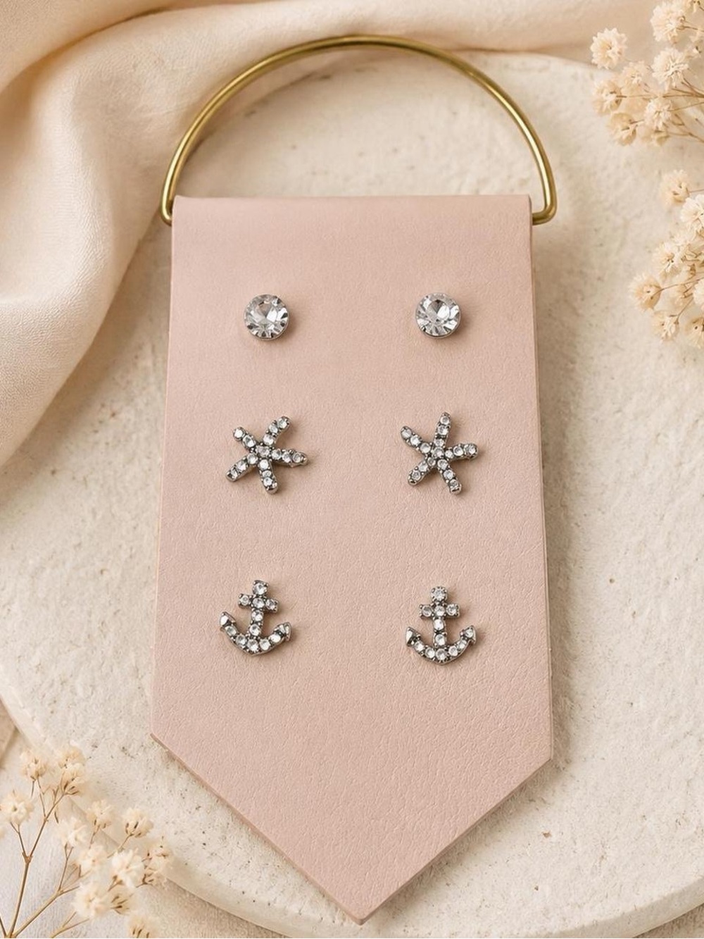 Rhinestone Starfish Anchor Stud Earrings Set of 3